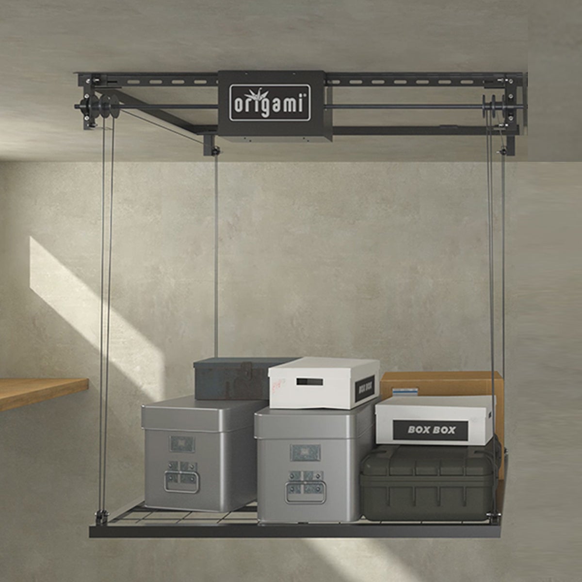 Origami Motorized Garage Storage Shelf | The Container Store